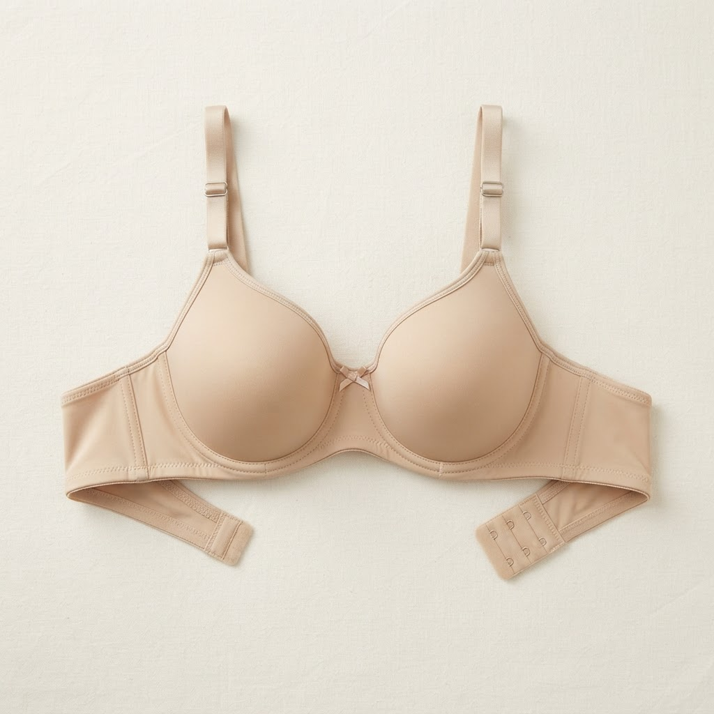 A structured underwire bra laid flat, showing its cups, center gore, band, straps, and hook closure